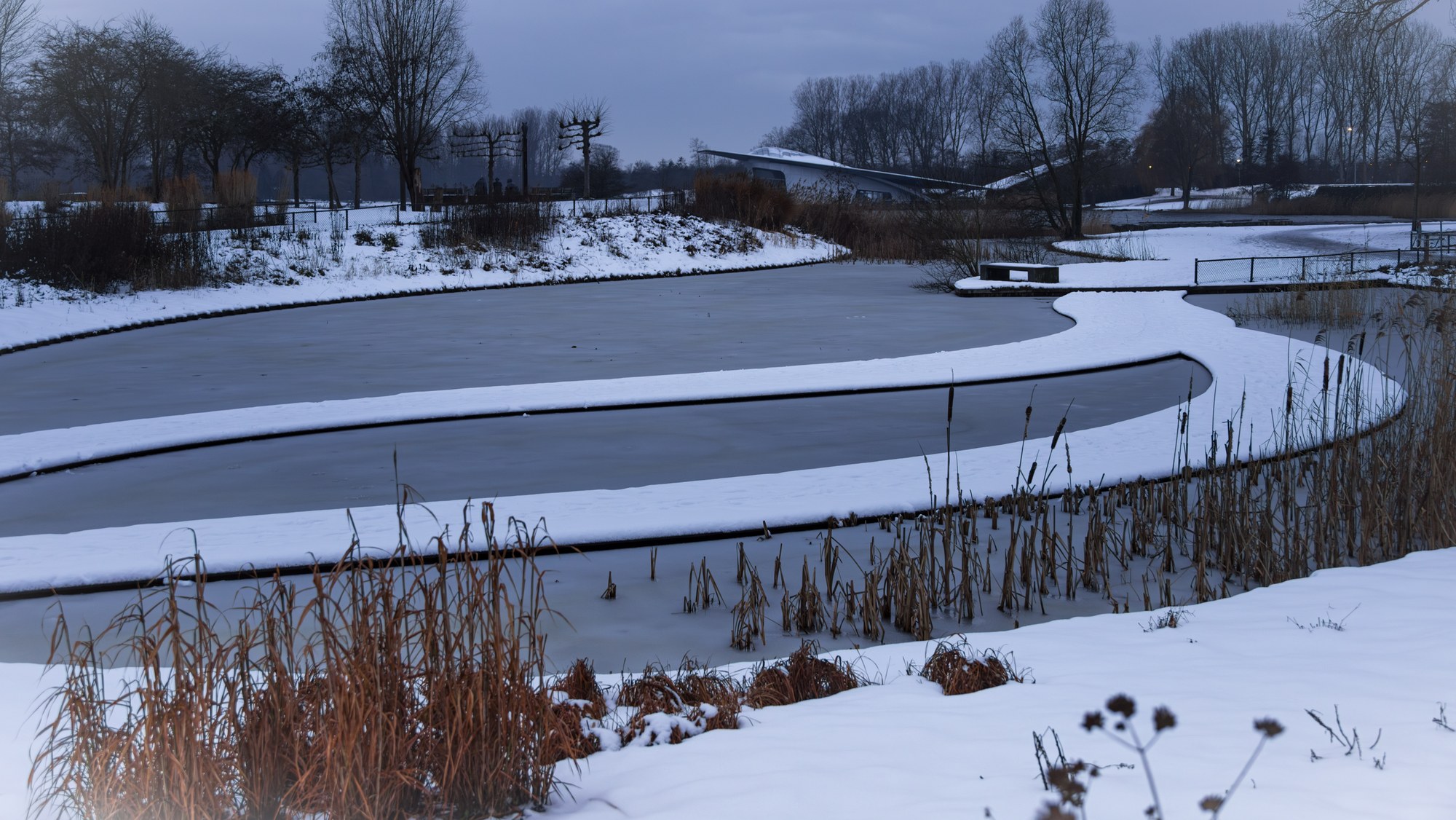 Bevroren vijver met een S-bocht van sneeuw op het ijs in het blauwe uur, Nederland